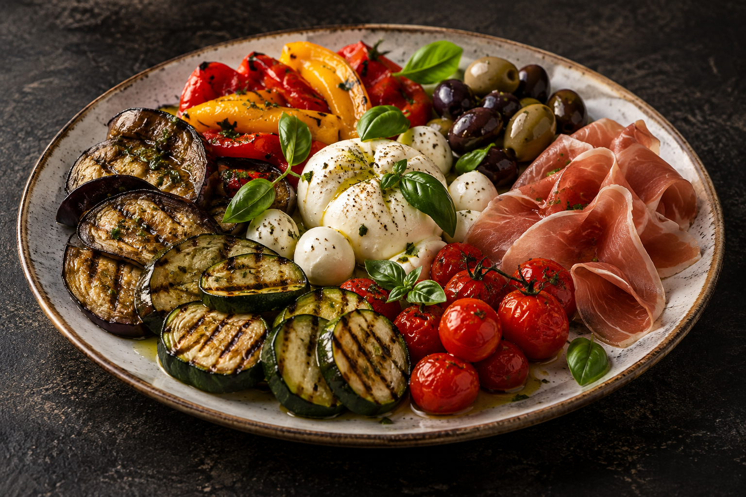 Servierbeispiel: bunt angerichteter Antipastiteller mit gegrilltem Gemüse, Mozzarella, Oliven und Parmaschinken