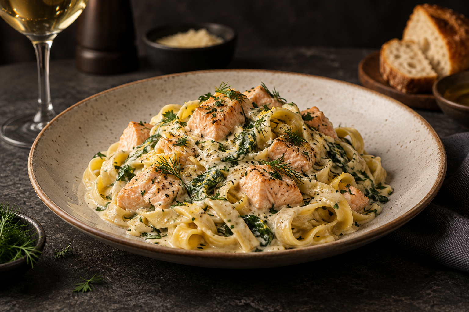 Servierbeispiel: Tagliatelle mit Lachs auf einem großen Keramikteller